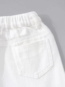 SHEIN Genkimix Kids 女童淺藍色牛仔寬腿褲，草莓印花，舒適甜美休閒牛仔女孩度假校園風，粗糙毛邊褲腳，秋季 - 白色 - 查看 6