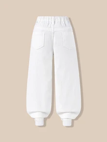 SHEIN Genkimix Kids 女童淺藍色牛仔寬腿褲，草莓印花，舒適甜美休閒牛仔女孩度假校園風，粗糙毛邊褲腳，秋季 - 白色 - 查看 3