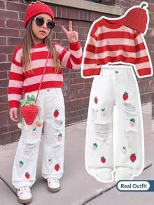SHEIN Genkimix Kids 女童淺藍色牛仔寬腿褲，草莓印花，舒適甜美休閒牛仔女孩度假校園風，粗糙毛邊褲腳，秋季 - 白色 - 查看 8