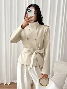 SHEIN PETITE Mantel Trench Wanita Kasual Musim Gugur Berkancing Ganda dengan Sabuk - Aprikot - View 9