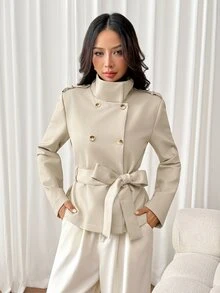 SHEIN PETITE Mantel Trench Wanita Kasual Musim Gugur Berkancing Ganda dengan Sabuk - Aprikot - View 7