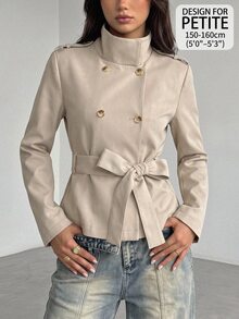SHEIN PETITE Mantel Trench Wanita Kasual Musim Gugur Berkancing Ganda dengan Sabuk - Aprikot - View 10