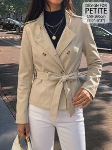 SHEIN PETITE Mantel Trench Wanita Kasual Musim Gugur Berkancing Ganda dengan Sabuk - Aprikot - View 4