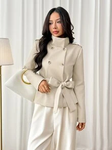 SHEIN PETITE Mantel Trench Wanita Kasual Musim Gugur Berkancing Ganda dengan Sabuk - Aprikot - View 6