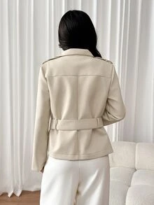 SHEIN PETITE Mantel Trench Wanita Kasual Musim Gugur Berkancing Ganda dengan Sabuk - Aprikot - View 2