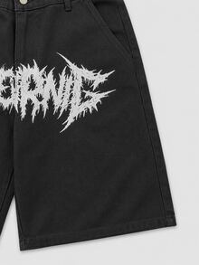 Manfinity EMRG Men's Summer New Streetwear Grunge Thorn Print Black Loose Fit Denim Shorts Rave Concert - Black - View 5