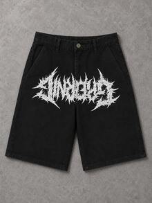 Manfinity EMRG Men's Summer New Streetwear Grunge Thorn Print Black Loose Fit Denim Shorts Rave Concert - Black - View 6