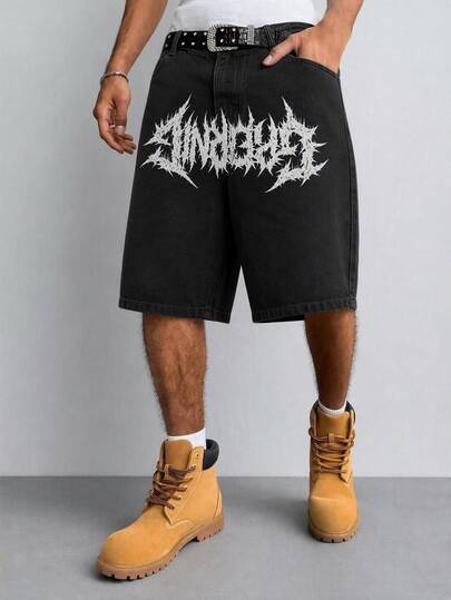 Manfinity EMRG Men's Summer New Streetwear Grunge Thorn Print Black Loose Fit Denim Shorts Rave Concert
