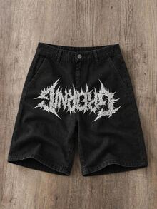 Manfinity EMRG Men's Summer New Streetwear Grunge Thorn Print Black Loose Fit Denim Shorts Rave Concert - Black - View 3