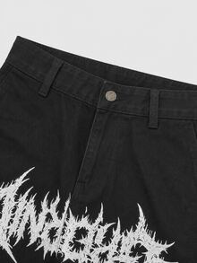 Manfinity EMRG Men's Summer New Streetwear Grunge Thorn Print Black Loose Fit Denim Shorts Rave Concert - Black - View 4