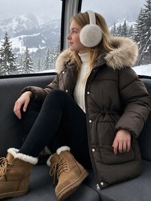 SHEIN 青少年女孩冬季人造毛皮連帽保暖外套 - 棕色 - 查看 3