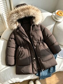 SHEIN 青少年女孩冬季人造毛皮連帽保暖外套 - 棕色 - 查看 8