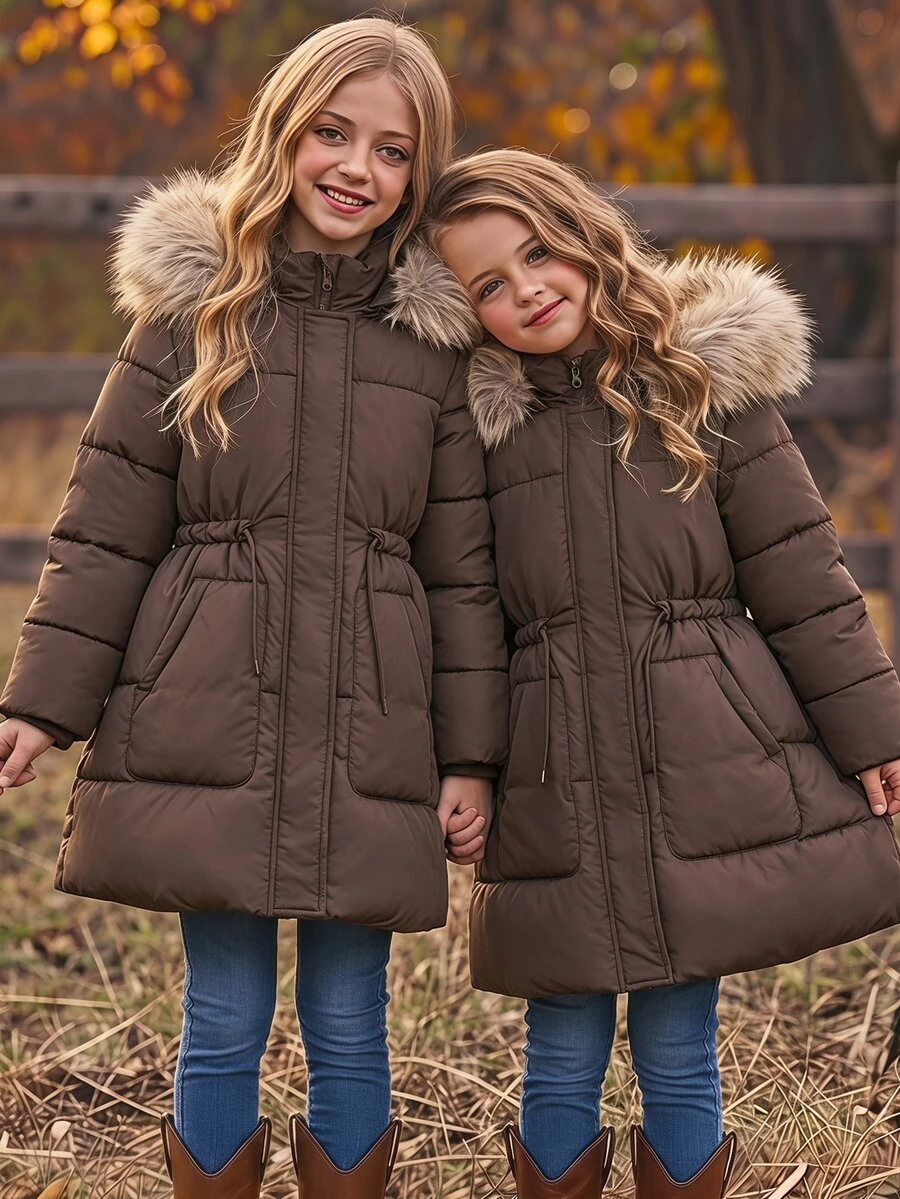 SHEIN 青少年女孩冬季人造毛皮連帽保暖外套 - 棕色 - 查看 1