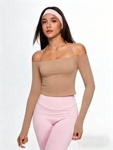 Eassivo Eassivo Solid Color Off-Shoulder Halter Neck Sports T-Shirt - Camel - View 3