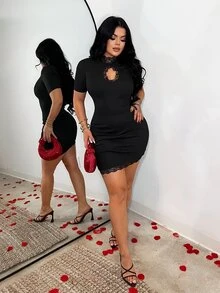 SHEIN SXY 女士立领蕾丝拼接镂空优雅收腰短袖派对连衣裙 - 黑色 - 查看 4