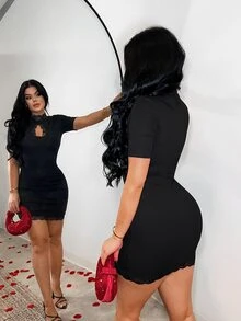 SHEIN SXY 女士立领蕾丝拼接镂空优雅收腰短袖派对连衣裙 - 黑色 - 查看 3