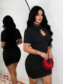 SHEIN SXY 女士立领蕾丝拼接镂空优雅收腰短袖派对连衣裙 - 黑色 - 查看 7