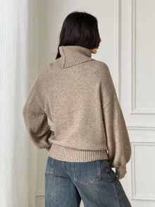 SHEIN PETITE Khaki Turtleneck Long-Sleeve Casual-Chic Commuter Sweater For Petite Women - Khaki - View 2