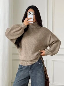 SHEIN PETITE Khaki Turtleneck Long-Sleeve Casual-Chic Commuter Sweater For Petite Women - Khaki - View 7
