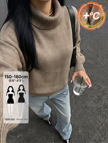 SHEIN PETITE Khaki Turtleneck Long-Sleeve Casual-Chic Commuter Sweater For Petite Women - Khaki - View 4