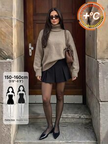 SHEIN PETITE Khaki Turtleneck Long-Sleeve Casual-Chic Commuter Sweater For Petite Women - Khaki - View 1