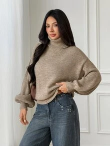 SHEIN PETITE Khaki Turtleneck Long-Sleeve Casual-Chic Commuter Sweater For Petite Women - Khaki - View 5