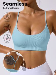 SHEIN Sovereign Charm Women's Solid Color Seamless Fitness Sports Tank Top - Baby Blue - View 4