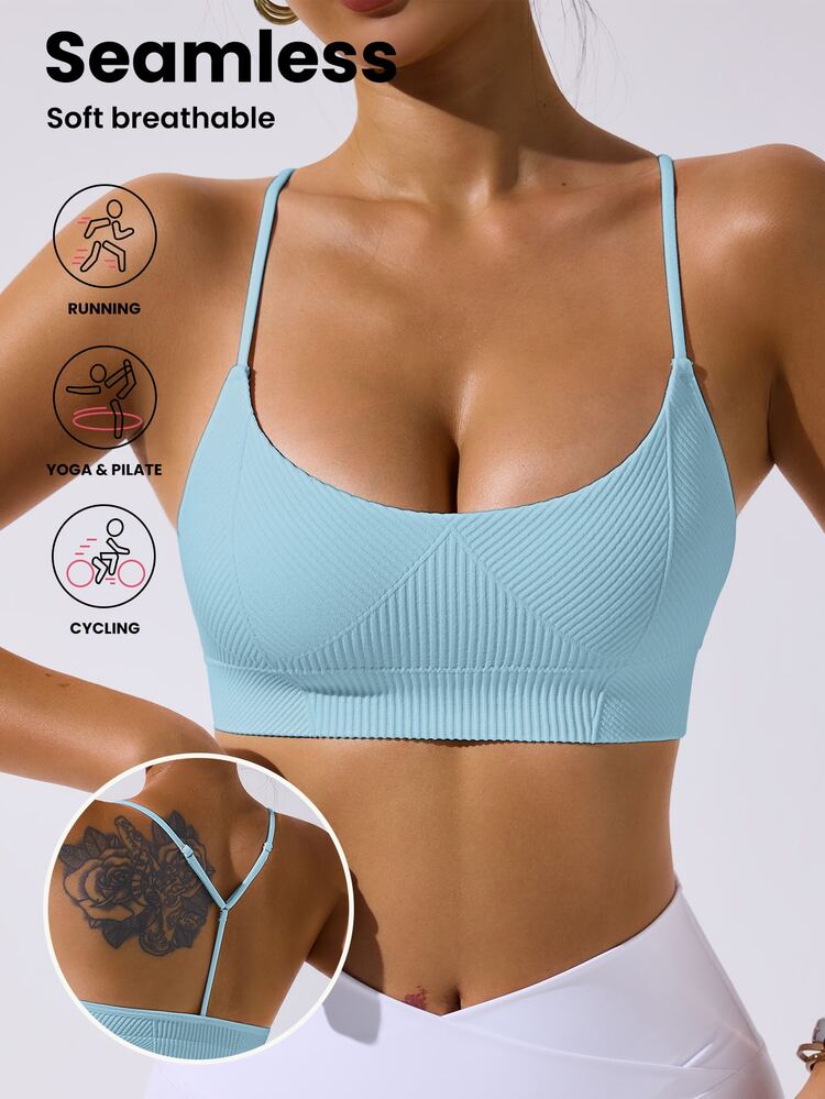 SHEIN Sovereign Charm Women's Solid Color Seamless Fitness Sports Tank Top - Baby Blue - View 3