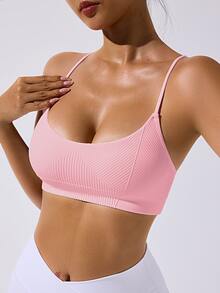 SHEIN Sovereign Charm Women's Solid Color Seamless Fitness Sports Tank Top - Pink - View 3