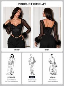SHEIN Glamour Women's Elegant Sexy Black Satin Mesh Boned Corset Top, Sheer Long Sleeve Faux Fur Cuff Back Hook Bustier, Gothic Y2K Halloween Party Club Night Out - Black - View 7