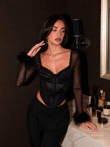 SHEIN Glamour Women's Elegant Sexy Black Satin Mesh Boned Corset Top, Sheer Long Sleeve Faux Fur Cuff Back Hook Bustier, Gothic Y2K Halloween Party Club Night Out - Black - View 4