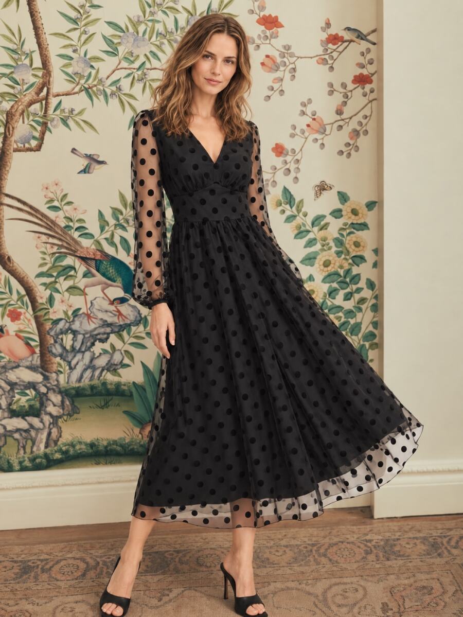 Dayvera Women's Fall/ V-Neck A-Line Halloween Black Polka Dot Dress, Christmas Party Dress Evening Cocktail Date Tea Party, Black Long Dress Going Out Dress - Black - View 1