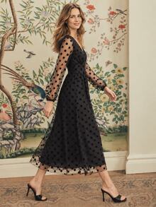 Dayvera Women's Fall/ V-Neck A-Line Halloween Black Polka Dot Dress, Christmas Party Dress Evening Cocktail Date Tea Party, Black Long Dress Going Out Dress - Black - View 4