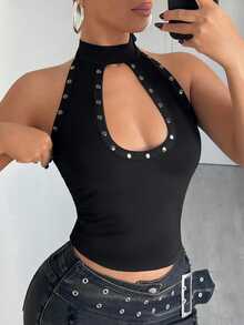 EgrlEra Women's Solid Color Hollow Sexy Backless Halter Neck Camisole - Black - View 6