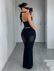 EgrlEra Women's Solid Color Hollow Sexy Backless Halter Neck Camisole - Black - View 2