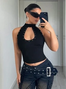 EgrlEra Women's Solid Color Hollow Sexy Backless Halter Neck Camisole - Black - View 5