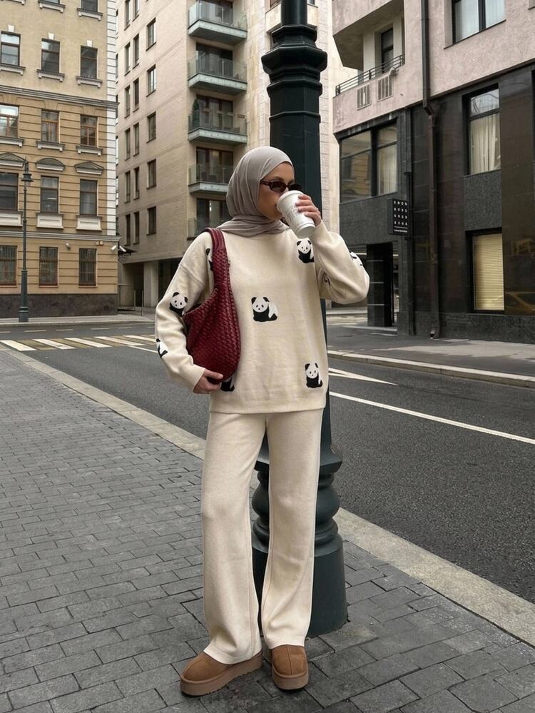 SHEIN Ivory Panda Pattern Knit Sweater & Wide Leg Pants Co-Ord Set – Cute Minimal Graphic Detail, Relaxed Fit Cozy Chic Winter Lounge Ensemble - White - View 3