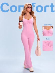 SHEIN Sovereign Charm Women Sports Jumpsuits Gym Pink And White Summer Sporty - Pink - View 1