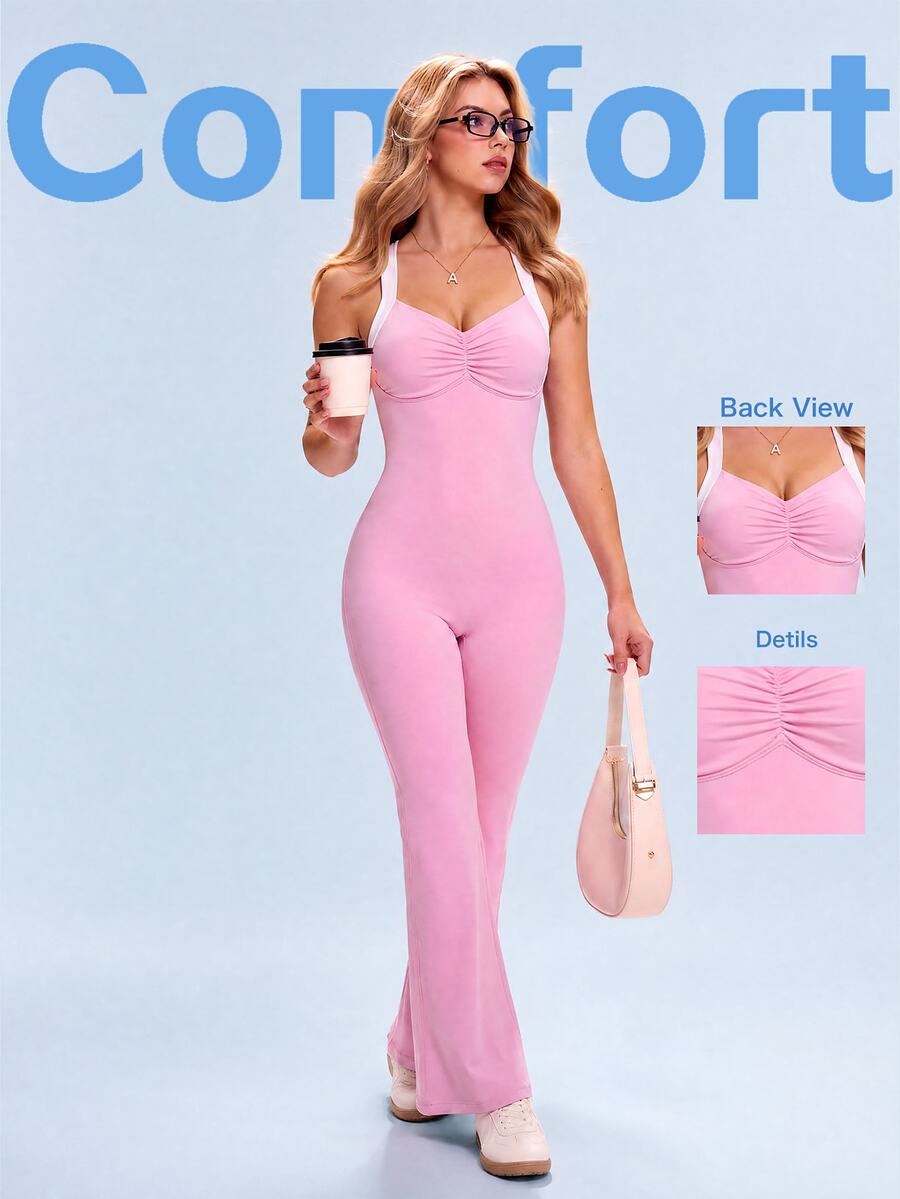 SHEIN Sovereign Charm Women Sports Jumpsuits Gym Pink And White Summer Sporty - Pink - View 1