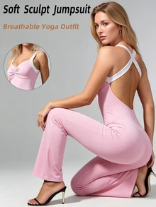 SHEIN Sovereign Charm Women Sports Jumpsuits Gym Pink And White Summer Sporty - Pink - View 3