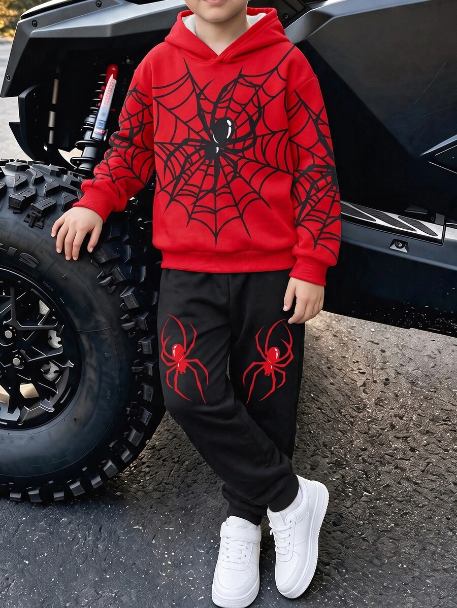 2-delat set med hoodie och joggerbyxor med spindelnätsmönster för tween-pojkar - Multifärgad - Visa 1