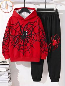 Tween Boy Spider Web Pattern Print Hoodie And Jogger Pants 2 Pieces Set - Multicolor - View 2