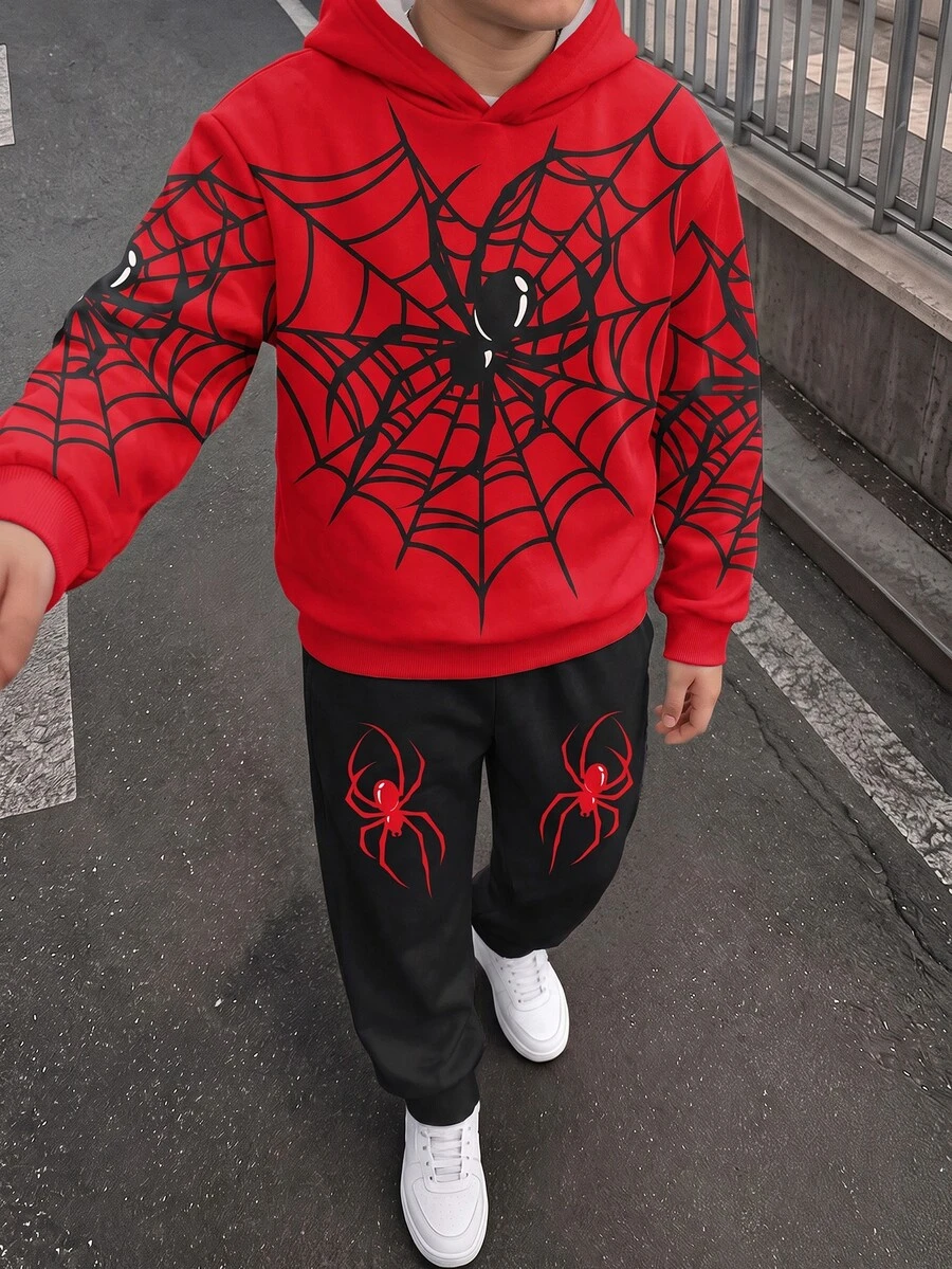 Tween Boy Spider Web Pattern Print Hoodie And Jogger Pants 2 Pieces Set - Multicolor - View 1
