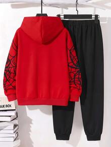 Tween Boy Spider Web Pattern Print Hoodie And Jogger Pants 2 Pieces Set - Multicolor - View 3