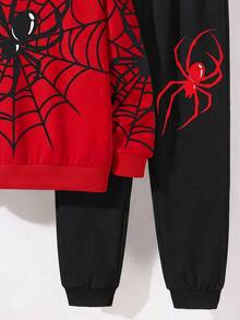 Tween Boy Spider Web Pattern Print Hoodie And Jogger Pants 2 Pieces Set - Multicolor - View 4