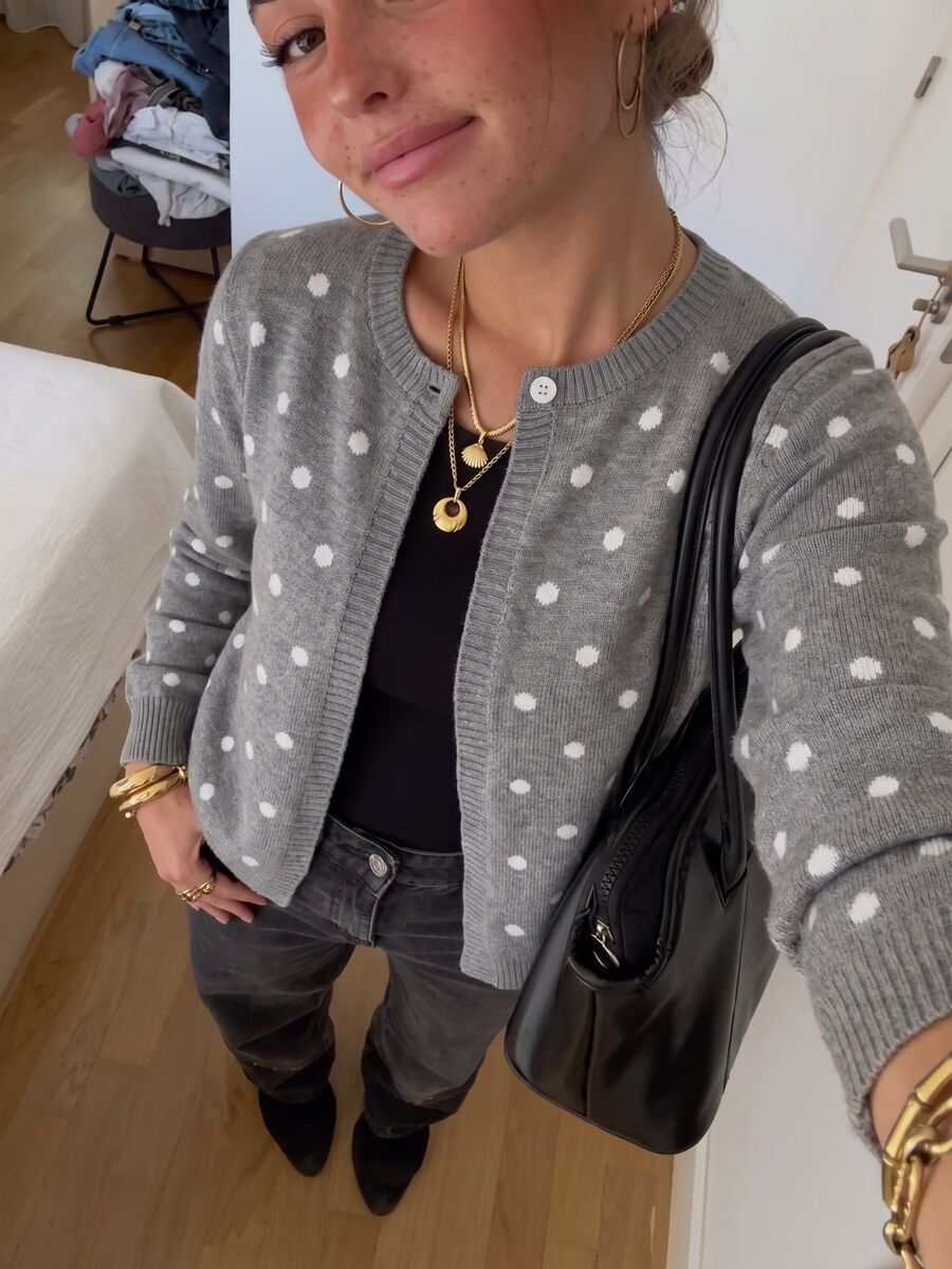 Autumina Cardigan Wanita Abu-abu Kasual Serbaguna untuk Perjalanan Sehari-hari Musim Gugur/Dingin Motif Polkadot - Grey - View 1