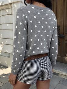 Autumina Cardigan Wanita Abu-abu Kasual Serbaguna untuk Perjalanan Sehari-hari Musim Gugur/Dingin Motif Polkadot - Grey - View 2