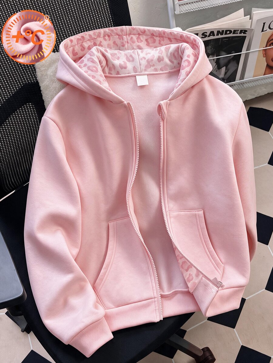 SHEIN Tween女孩 8-13Y 粉色豹紋內裡抓絨拉鍊連帽外套,加厚保暖口袋運動衫外套,秋冬款 - 粉色 - 查看 1
