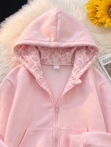 SHEIN Sparklyn 青少年女孩豹紋夾克 Y2K 風格上衣 長袖上衣 秋季衣著 豹紋豹皮印花 附抓絨加厚抓絨 粉色 - 粉色 - 查看 5