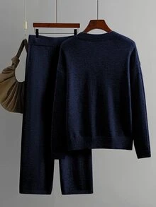 Linhara Plus Size Women's Casual V-Neck Top And Pants 2 Pieces Sweater Set Winter - Navy Blue - View 2